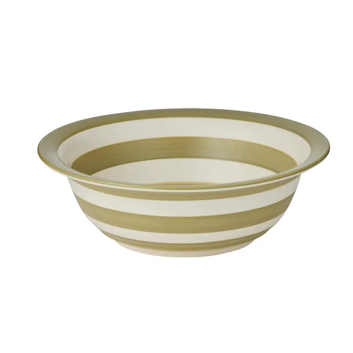 Calypso Ceramic Bowl. Striped bowl with green and white stripes on a white background