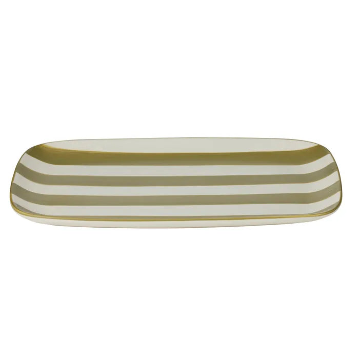 Calypso Ceramic Platter. Rectangular ceramic tray with green and white stripes on a white background