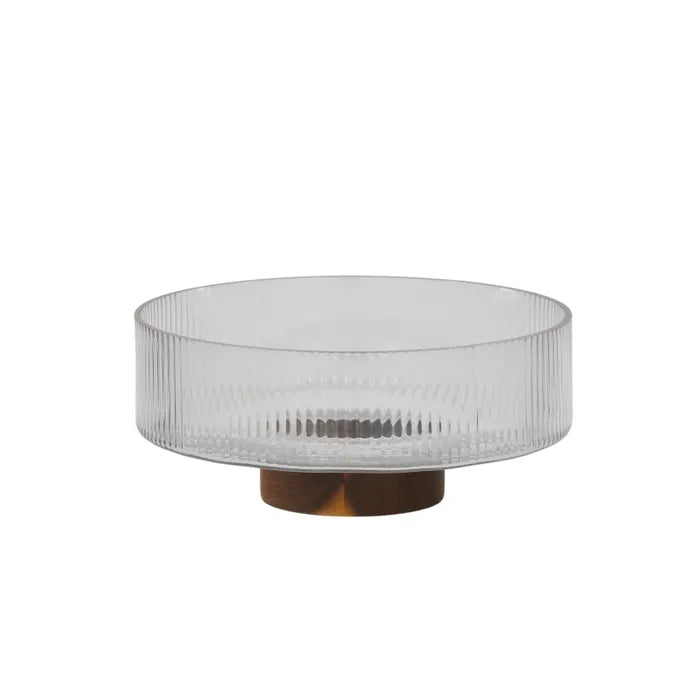 Bosco Glass-Wood Footed Bowl. Clear glass bowl with a bronze base on a white background