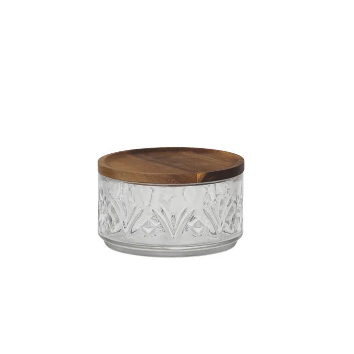 Aleah Glass-Wood Bowl with Lid. Clear glass container with a wooden lid on a white background