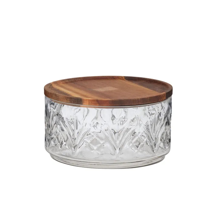 Aleah Glass-Wood Bowl with Lid . Clear glass container with wooden lid on a white background