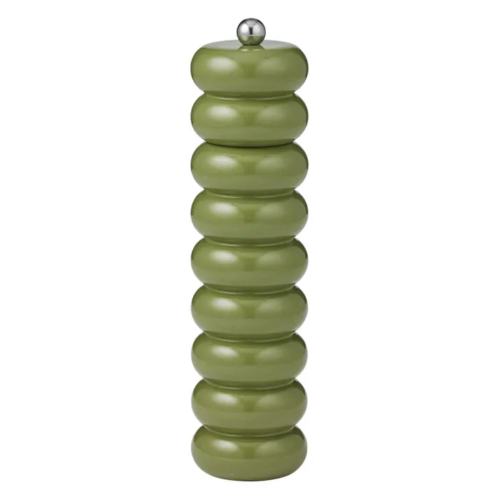 Delphi Wood S & P Grinder. Green pepper grinder with a silver top on a white background