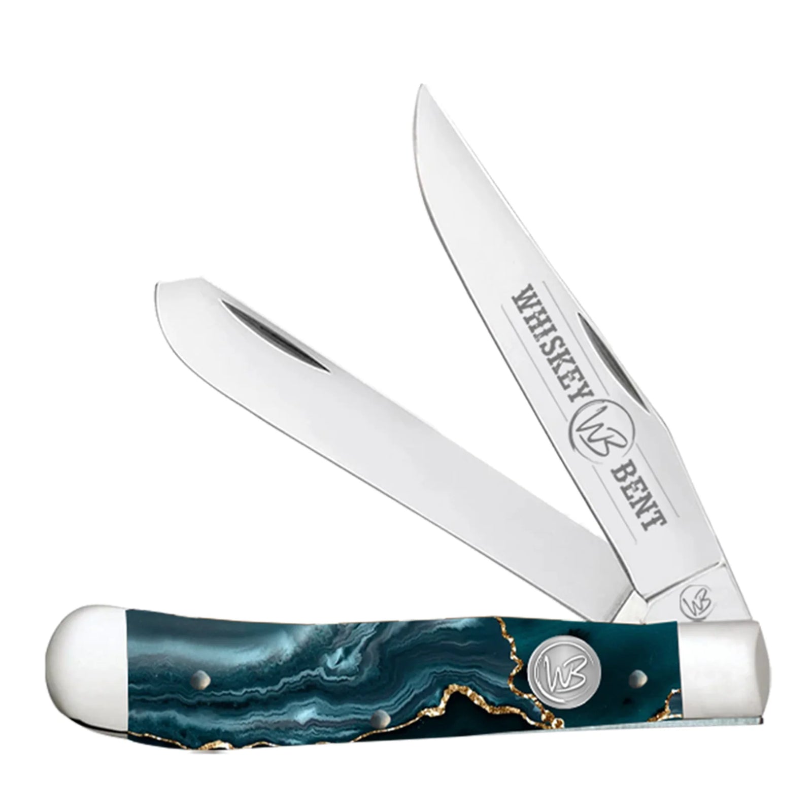 Whiskey Bent trapper knife with green marbled handle and 'Whiskey Bent' engraving on a white background