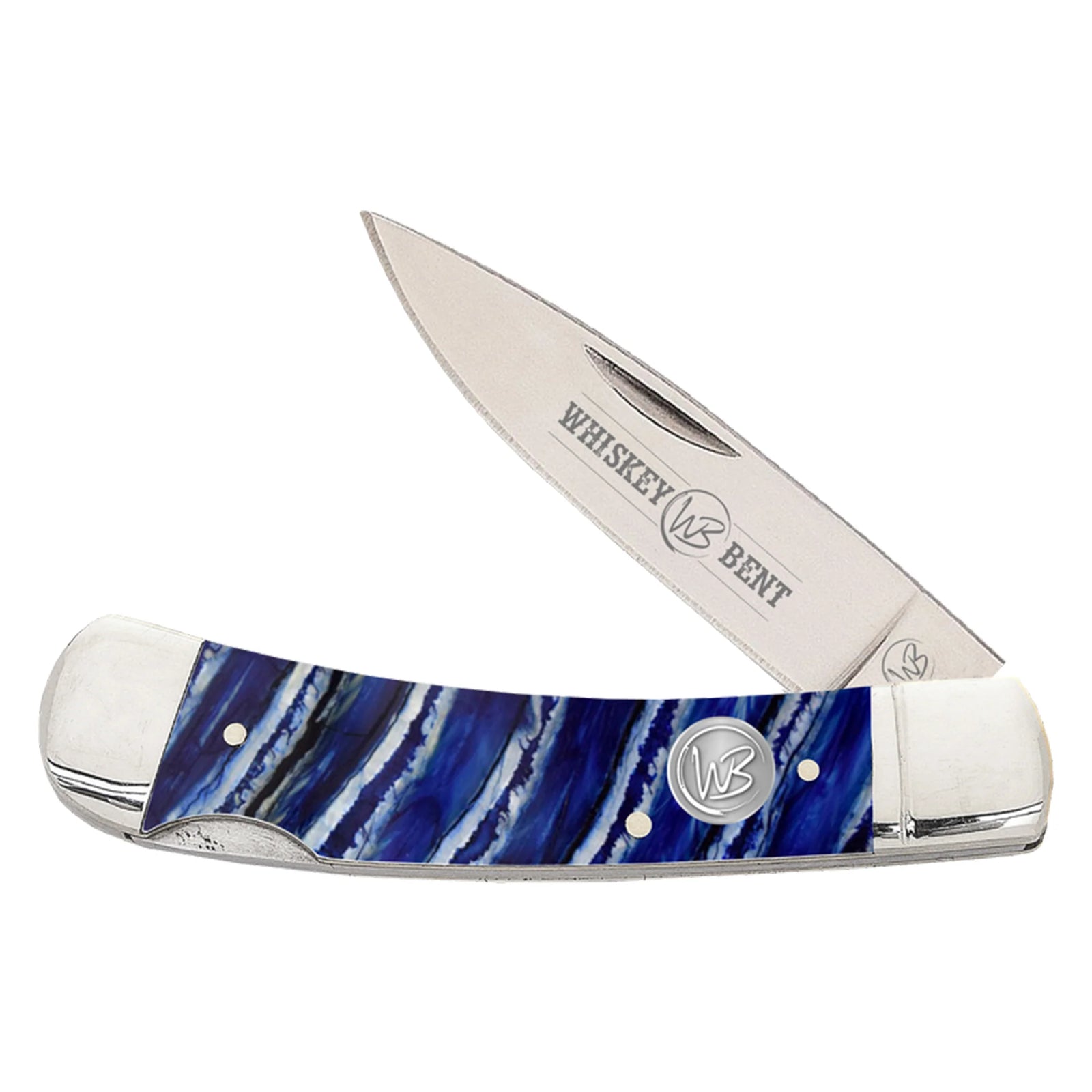 Whiskey Bent folding knife with blue and white handle on a white background