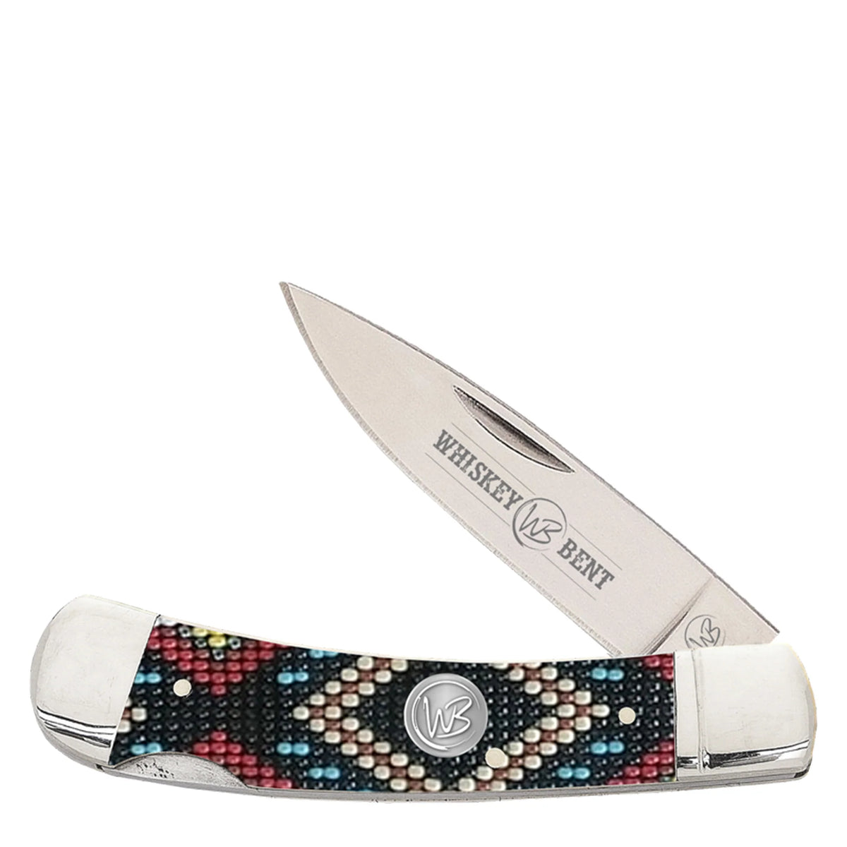 Whiskey Bent pocket knife with decorative handle on a white background