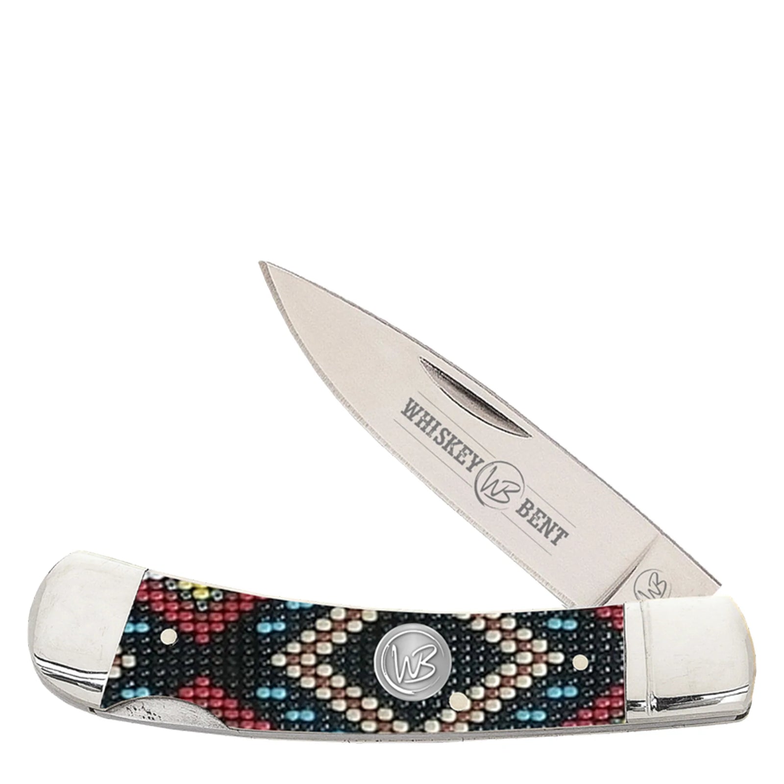 Whiskey Bent pocket knife with decorative handle on a white background