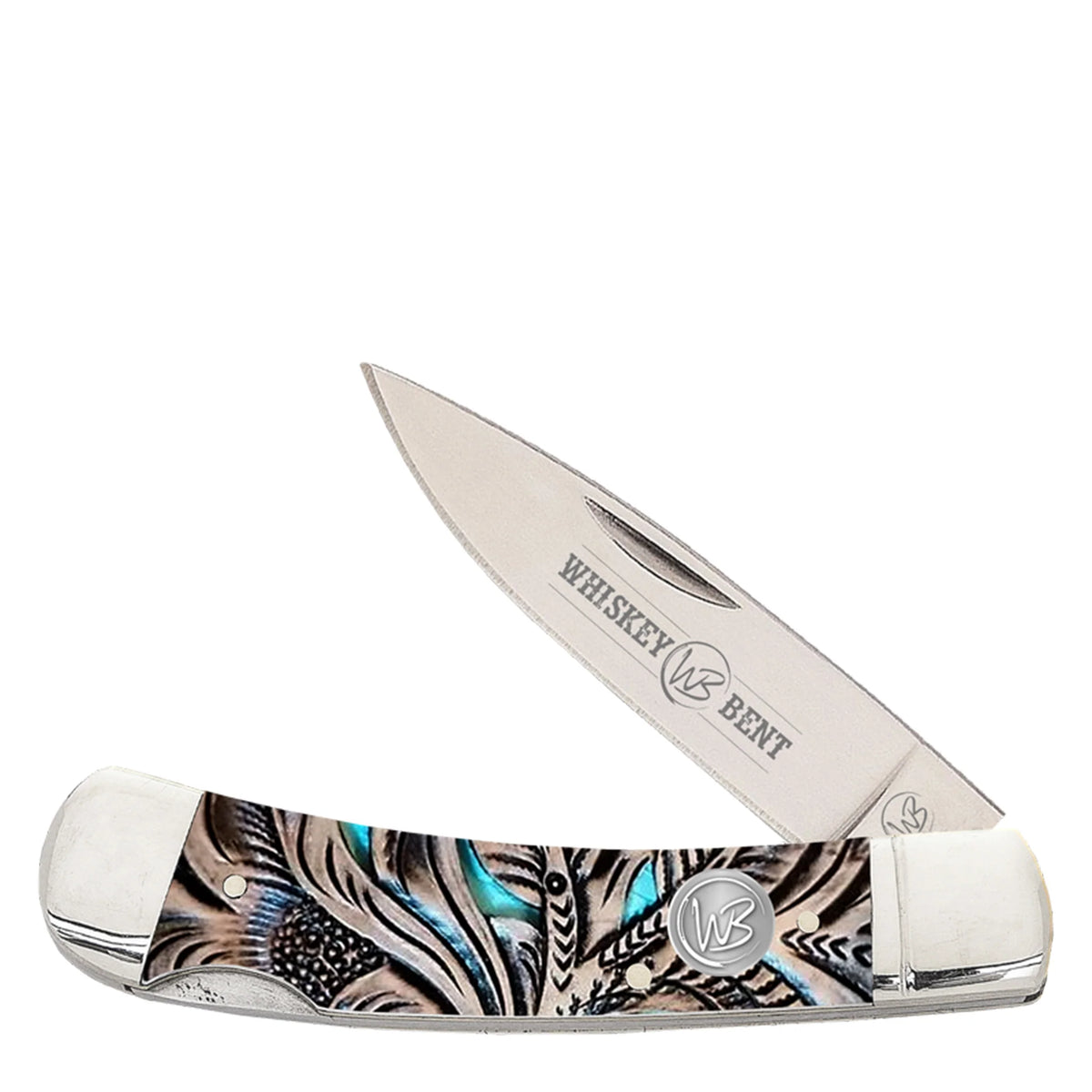 Whiskey Bent pocket knife with feather design on a white background