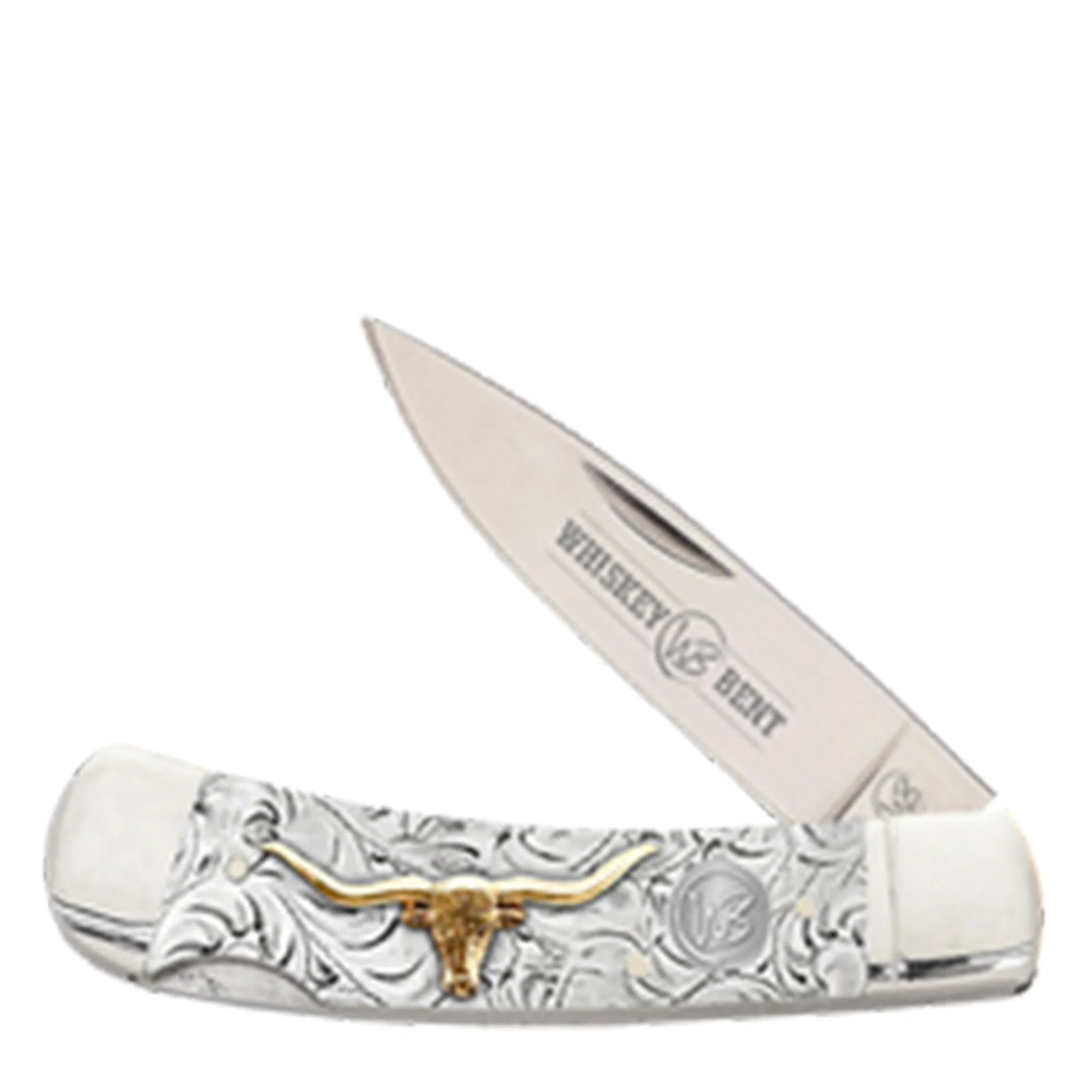 Whiskey Bent knife with decorative handle on a white background