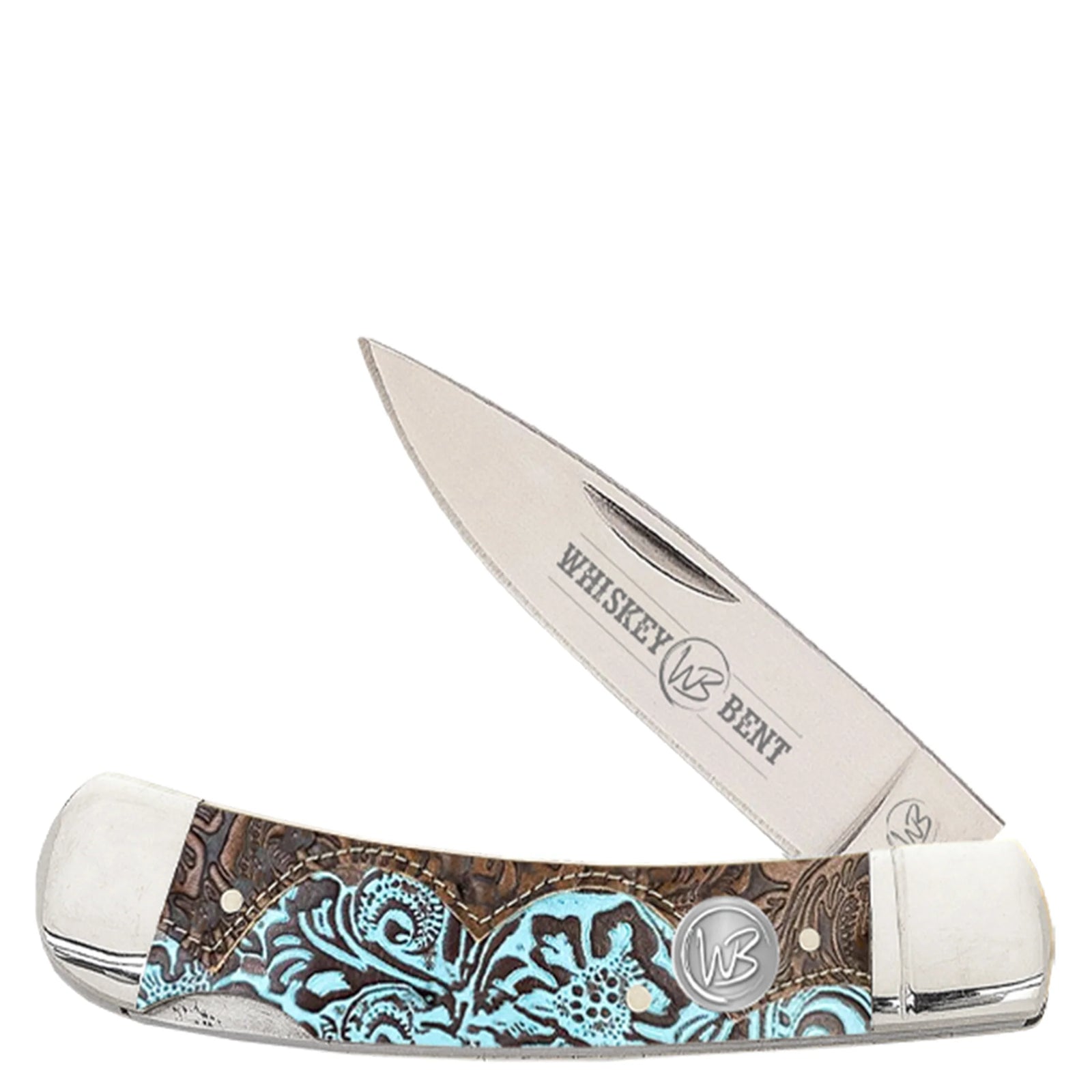 Whiskey Bent pocket knife with decorative handle on a white background