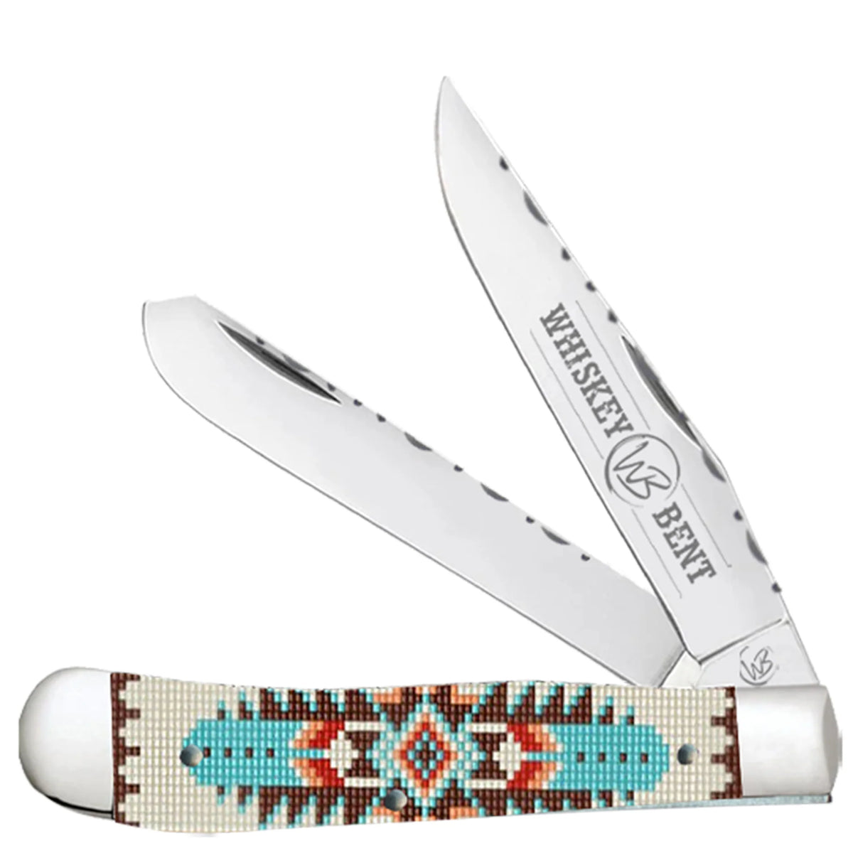 Whiskey Bent trapper knife with a colorful beaded handle on a white background