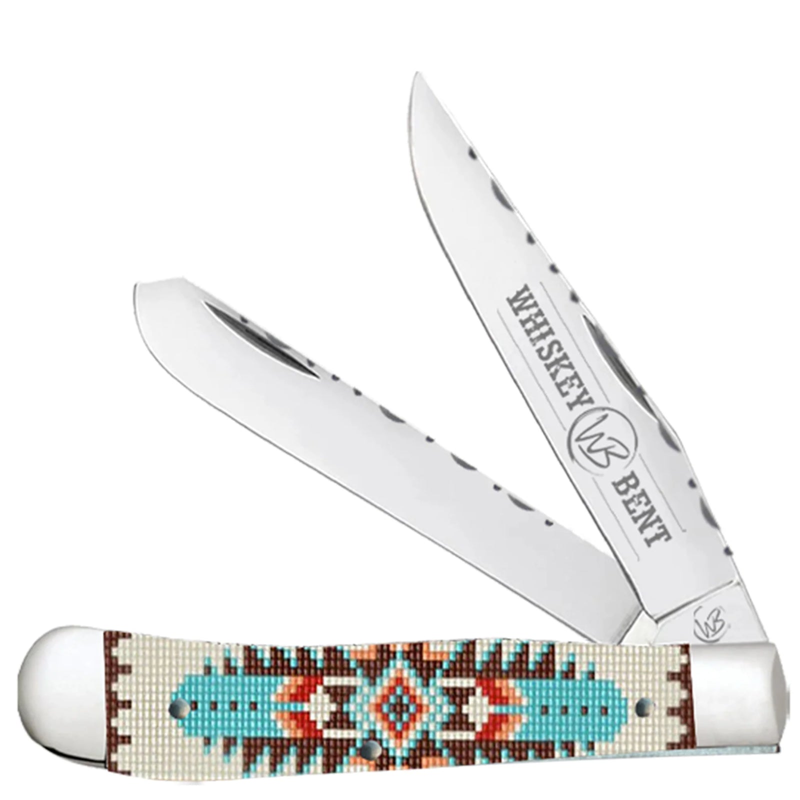 Whiskey Bent trapper knife with a colorful beaded handle on a white background