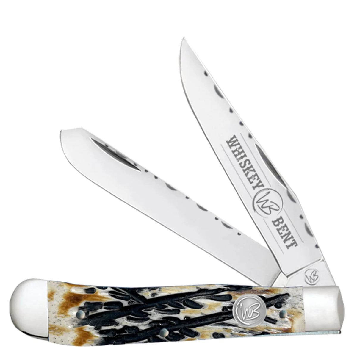 Whiskey Bent Trapper Pocket Knife Filework Twin Blade. Trapper knife with tortoiseshell handle and &#39;Whiskey Bent&#39; branding on a white background