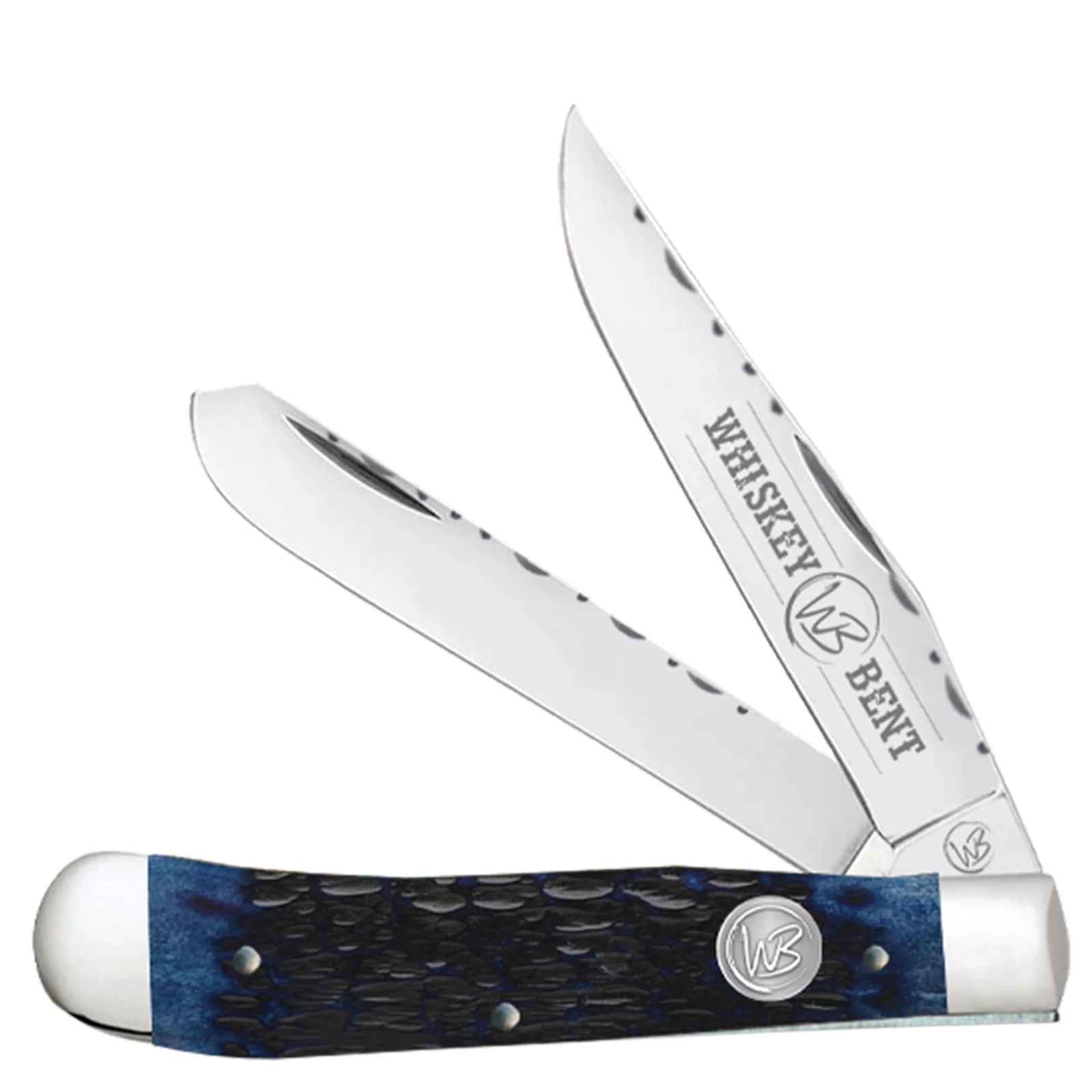 Whiskey Bent Trapper Pocket Knife Filework Twin Blade. Trapper knife with blue handle and 'Whiskey Bent' branding on a white background