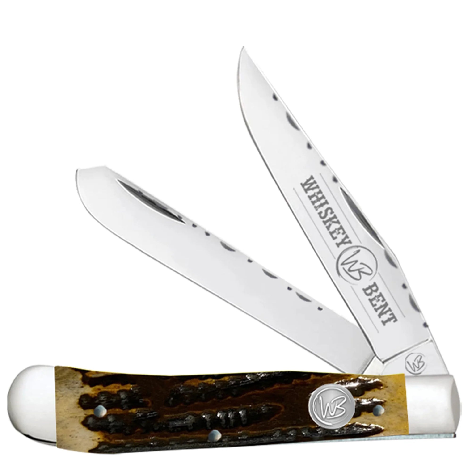 Whiskey Bent Trapper Pocket Knife Filework Twin Blade. Trapper knife with white handle and brown stonewash blade on a white background