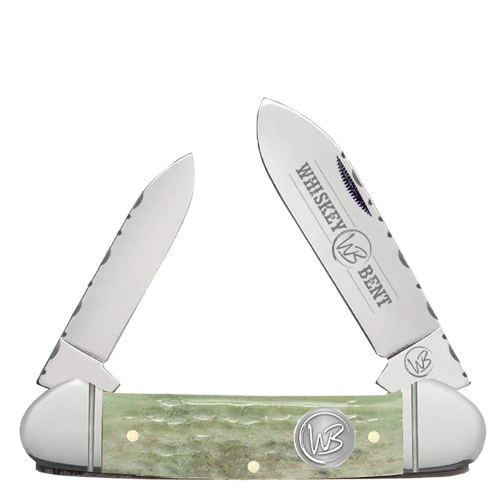 Whiskey Bent pocket knife with green handle and 'Whiskey Bent' branding on a white background
