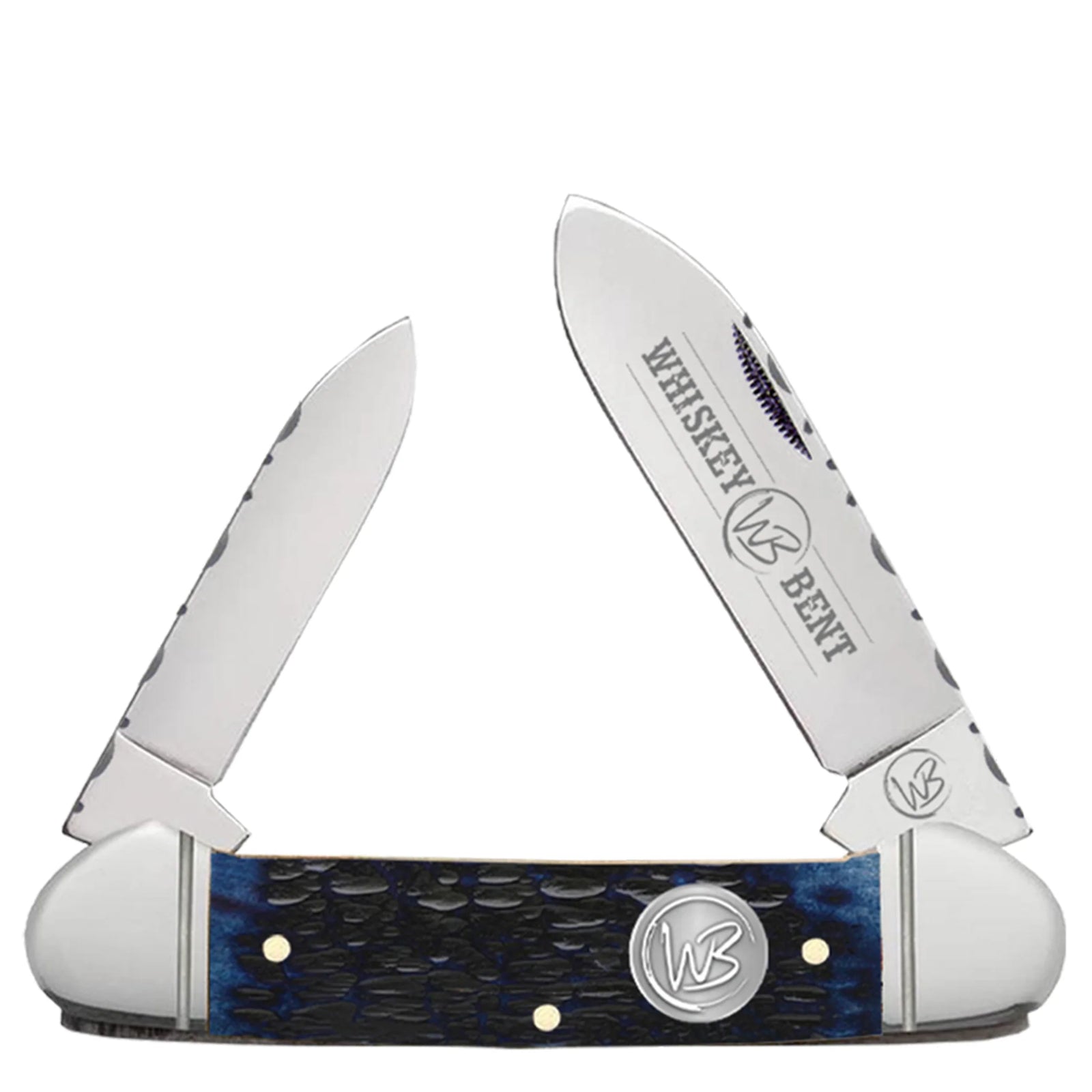 Whiskey Bent pocket knife with blue handle on a white background