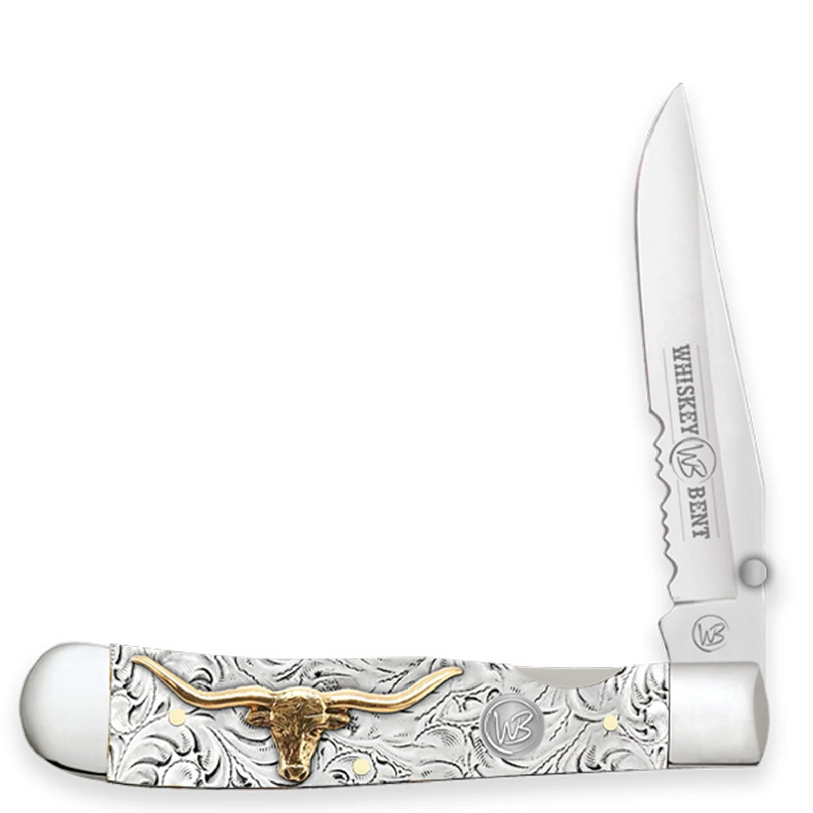 Whiskey Bent Trapper Traditional Slip Joint Single Serrated Blade. Pocket knife with decorative blade and white handle on a white background