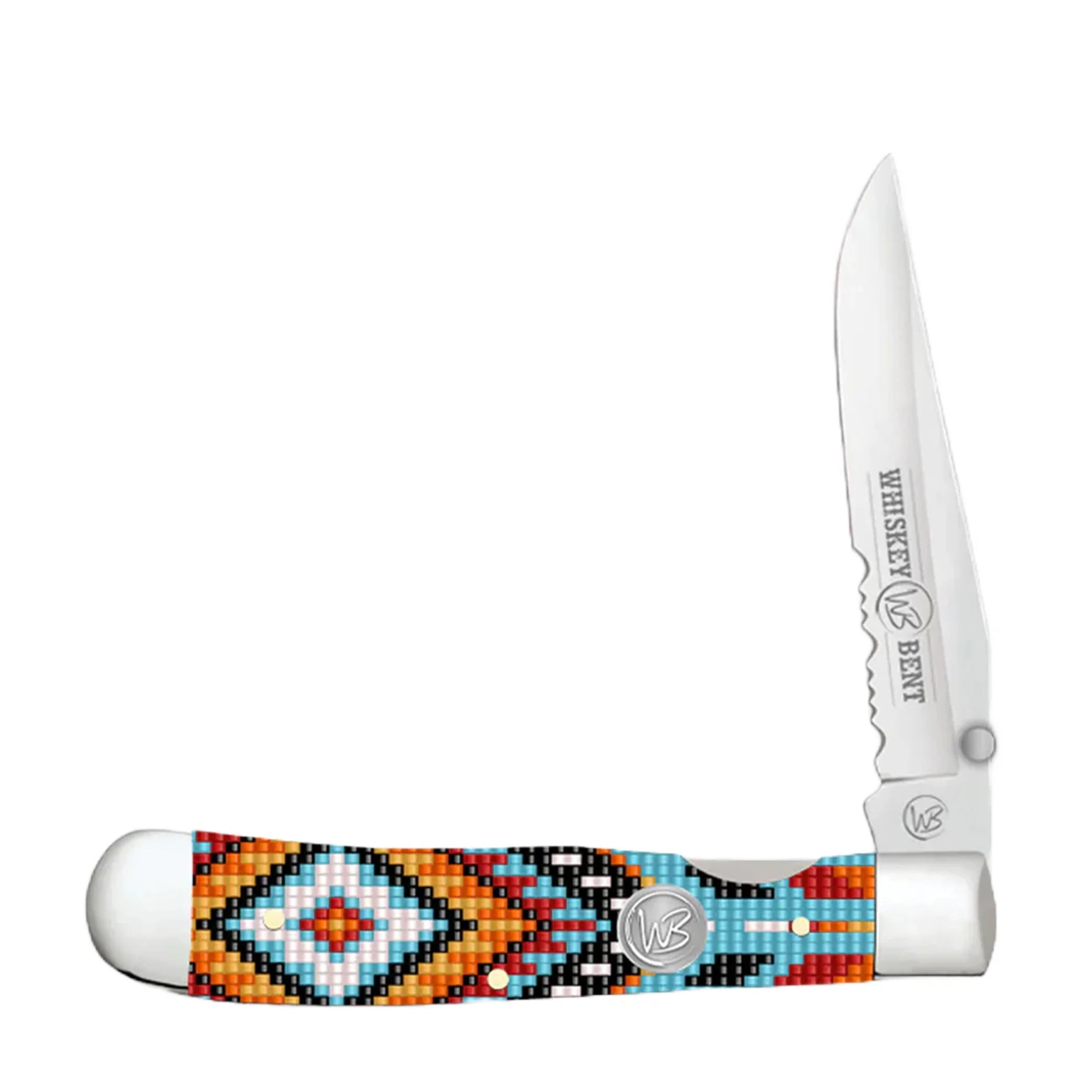 Whiskey Bent Trapper Traditional Slip Joint Single Serrated Knife. Folding knife with a colorful handle and white blade on a white background