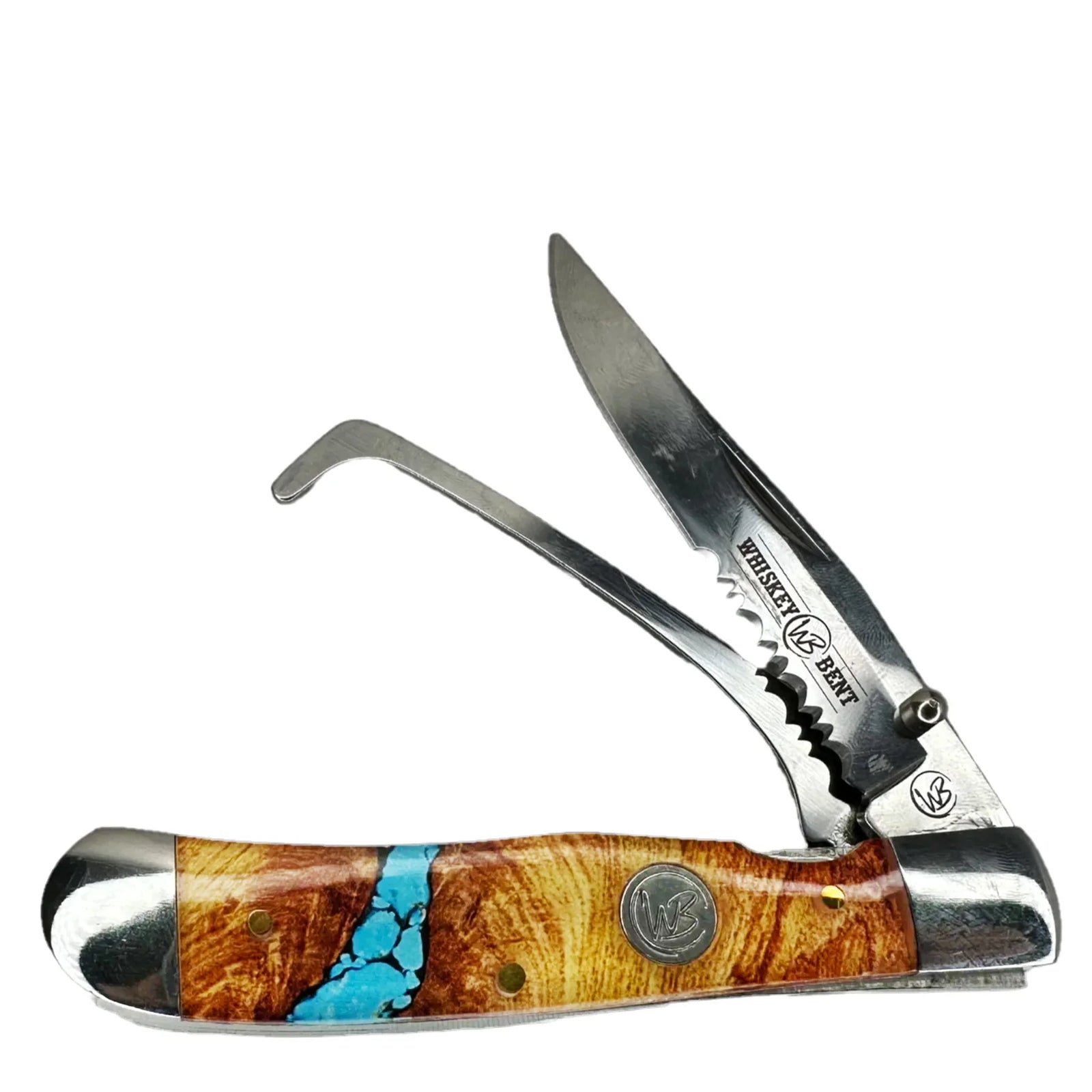 Whiskey Bent folding knife with wooden handle and turquoise inlay on a white background