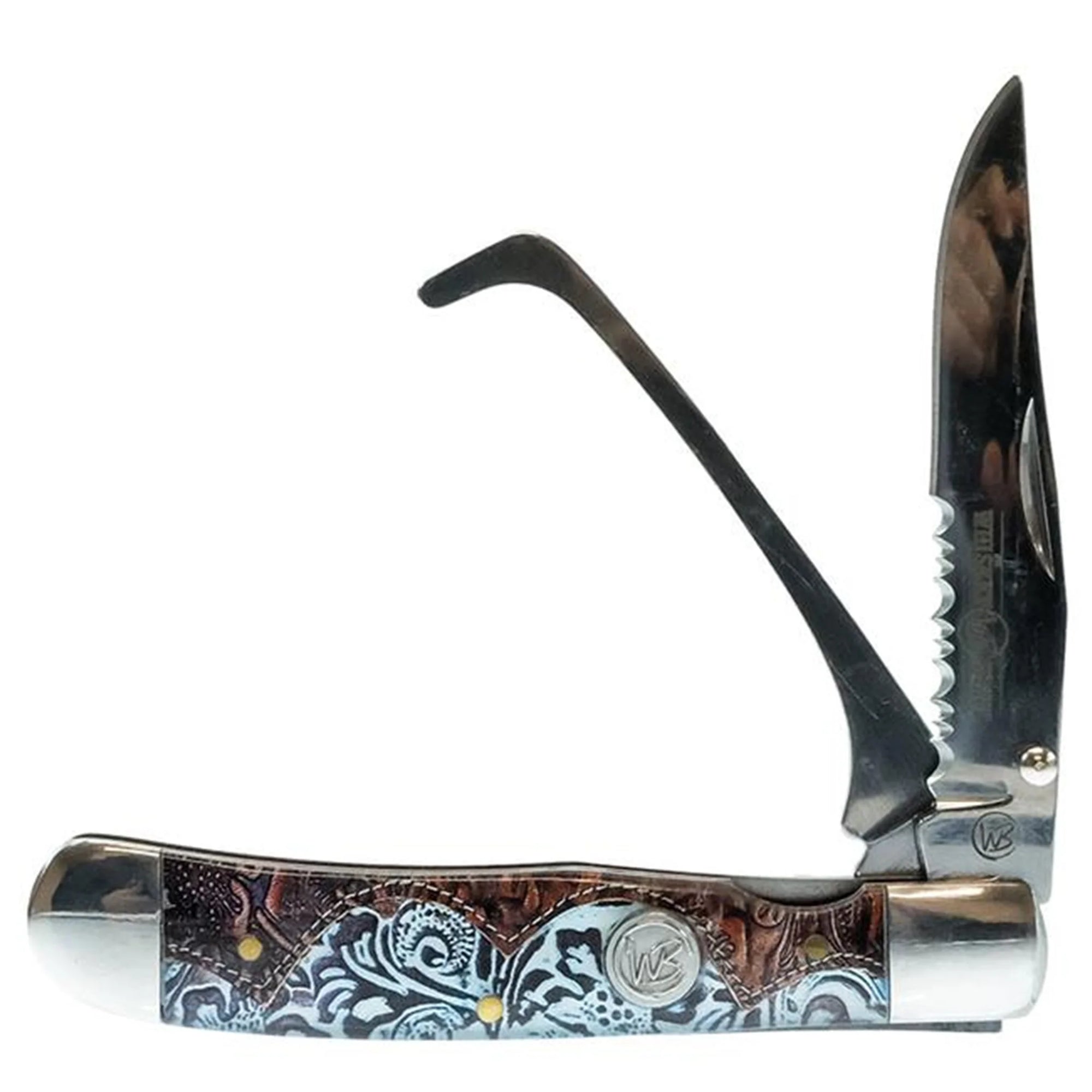 Whiskey Bent multifunctional tool with knife, saw, and hook on a white background