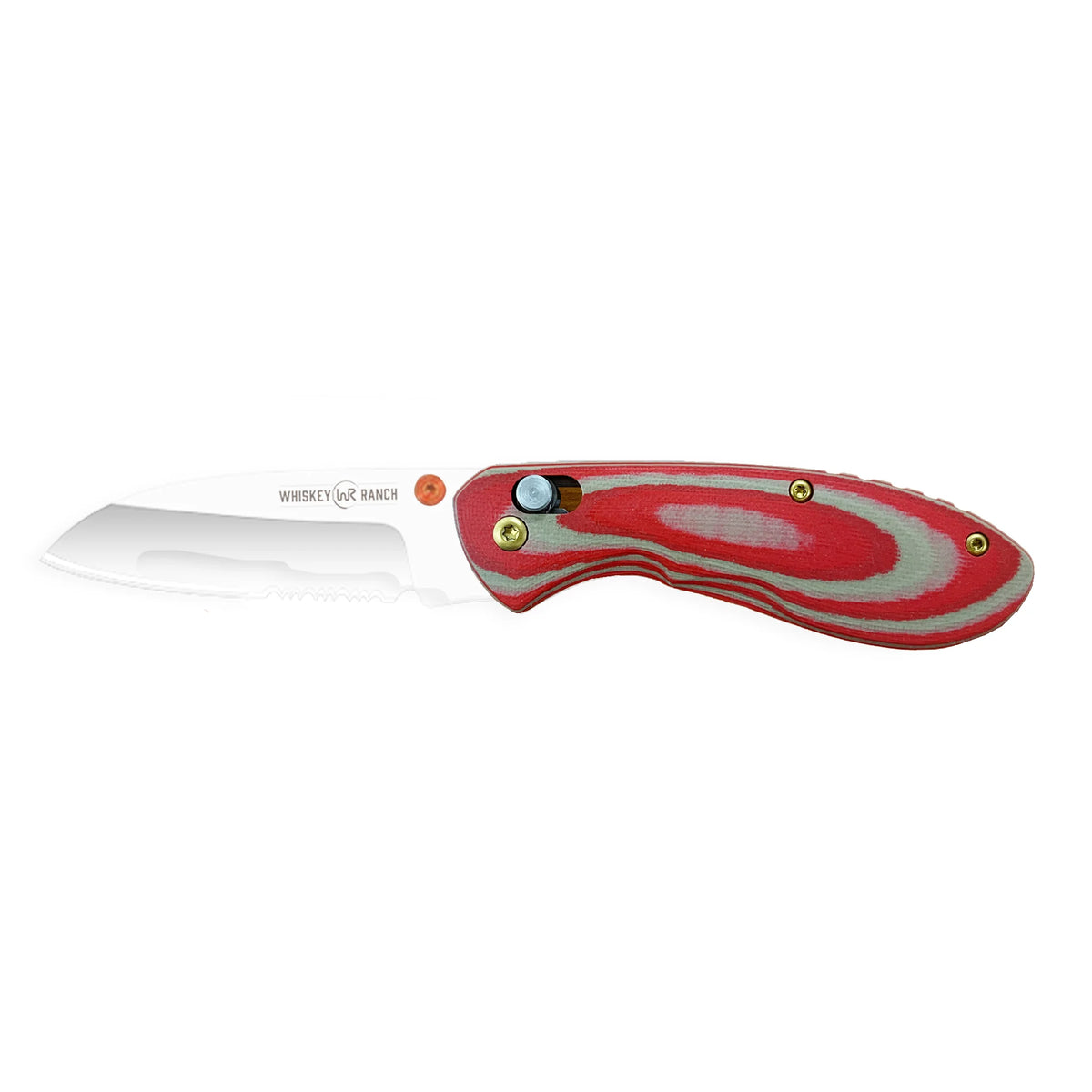 Whiskey Bent Red and gray folding knife on a white background
