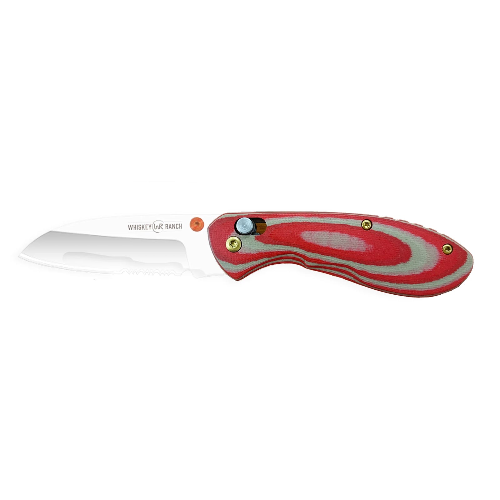 Whiskey Bent Red and gray folding knife on a white background