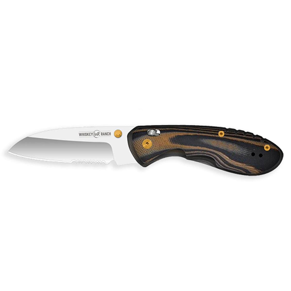 Whiskey Bent folding knife with black handle and silver blade on a white background