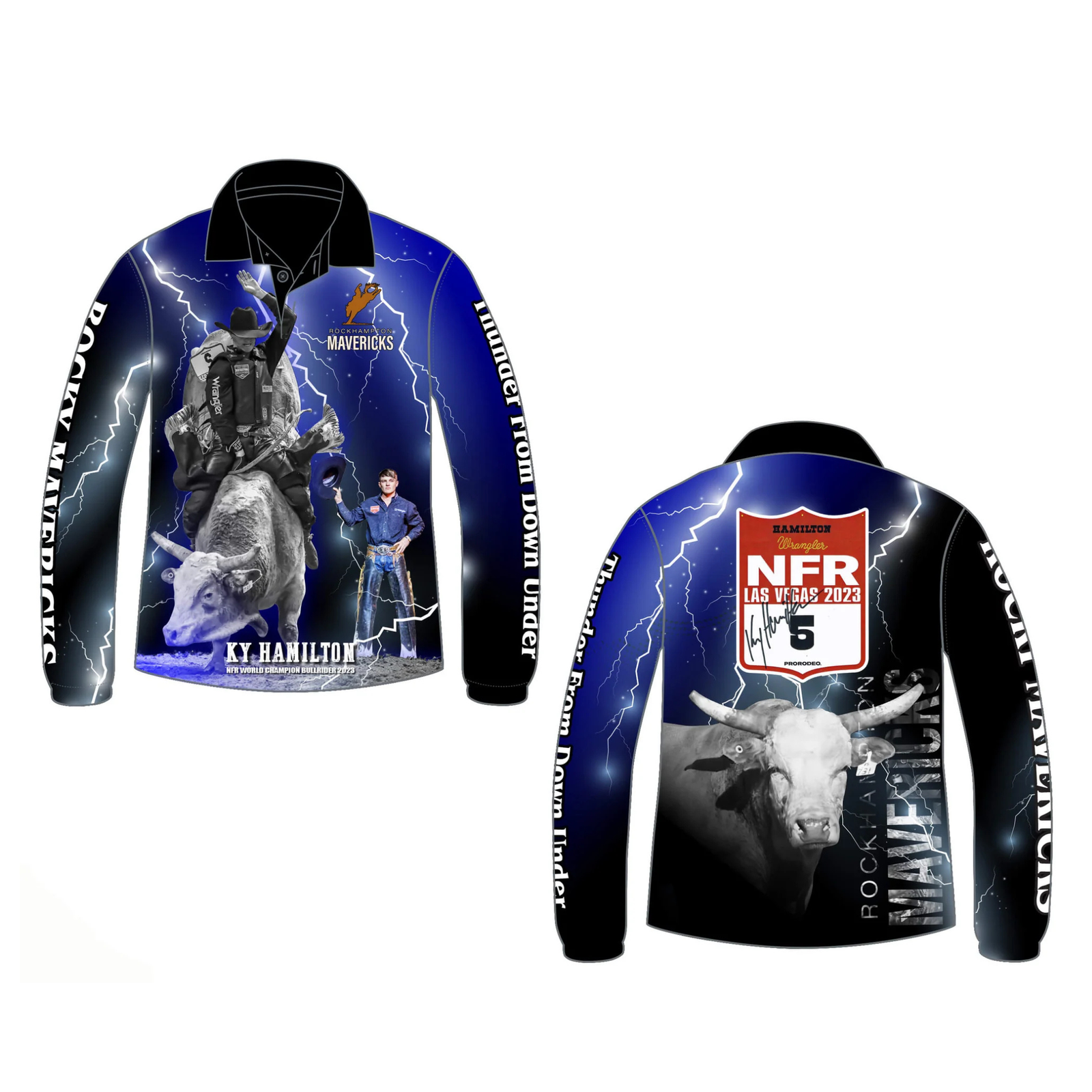 Rocky Mavericks Ky Hamilton Boy's L/S Jersey. Long-sleeve shirt with graphic designs and text on a white background