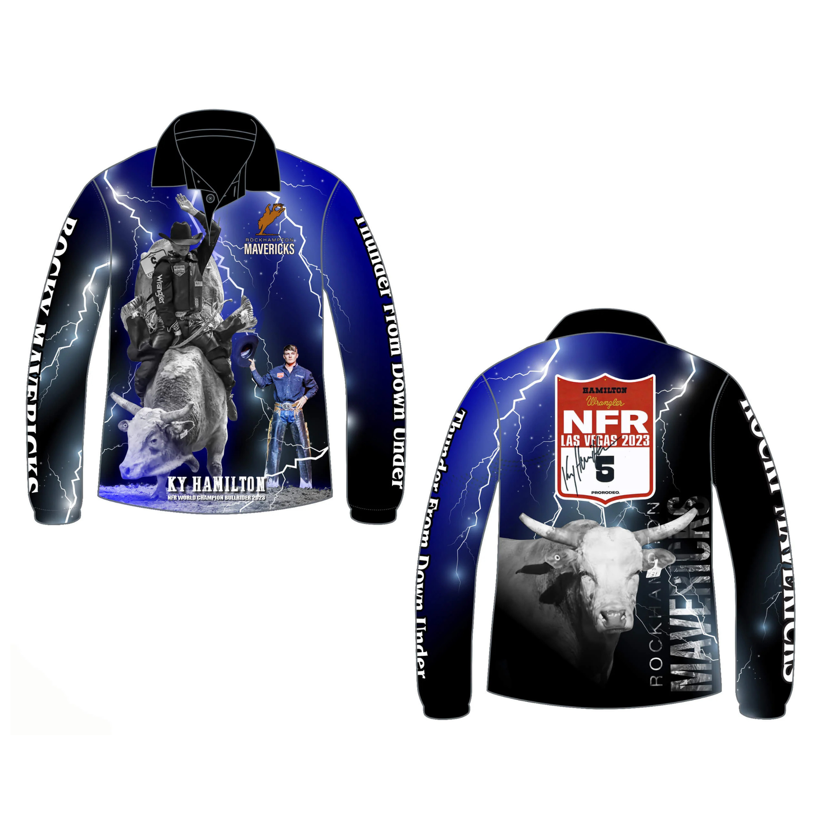 Rocky Mavericks Men's Ky Hamilton L/S Jersey. Long-sleeve shirt with bull riding graphic and event branding on a white background