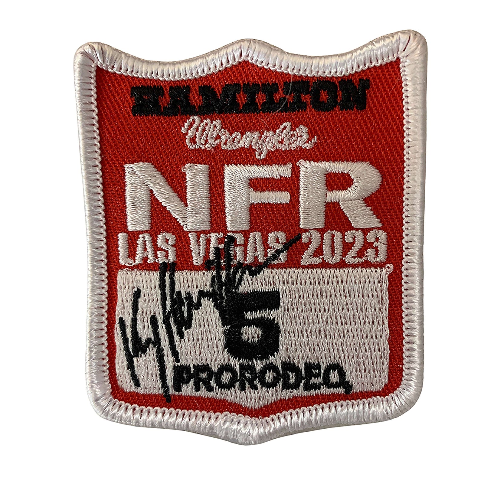 Ky Hamilton NFR Iron On Patch. A shield-shaped iron-on patch with red background and white text, featuring the NFR Las Vegas 2023 logo and an autograph.