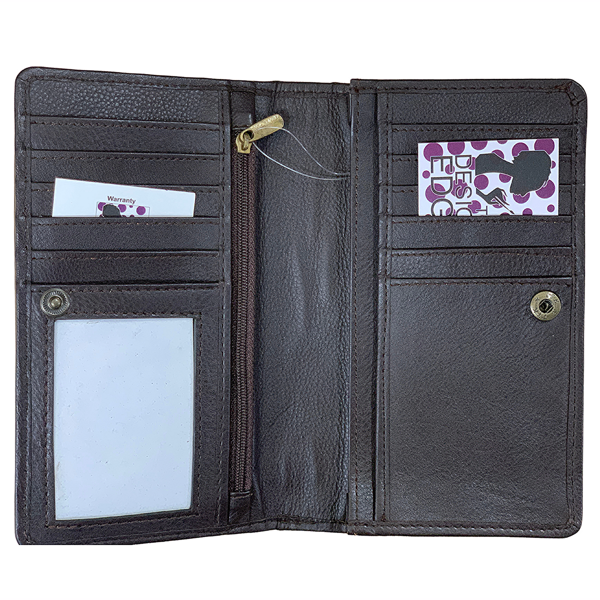 The Design Edge Women's Buffalo Slim Wallet. A brown women's slim wallet with multiple card slots and a clear ID window