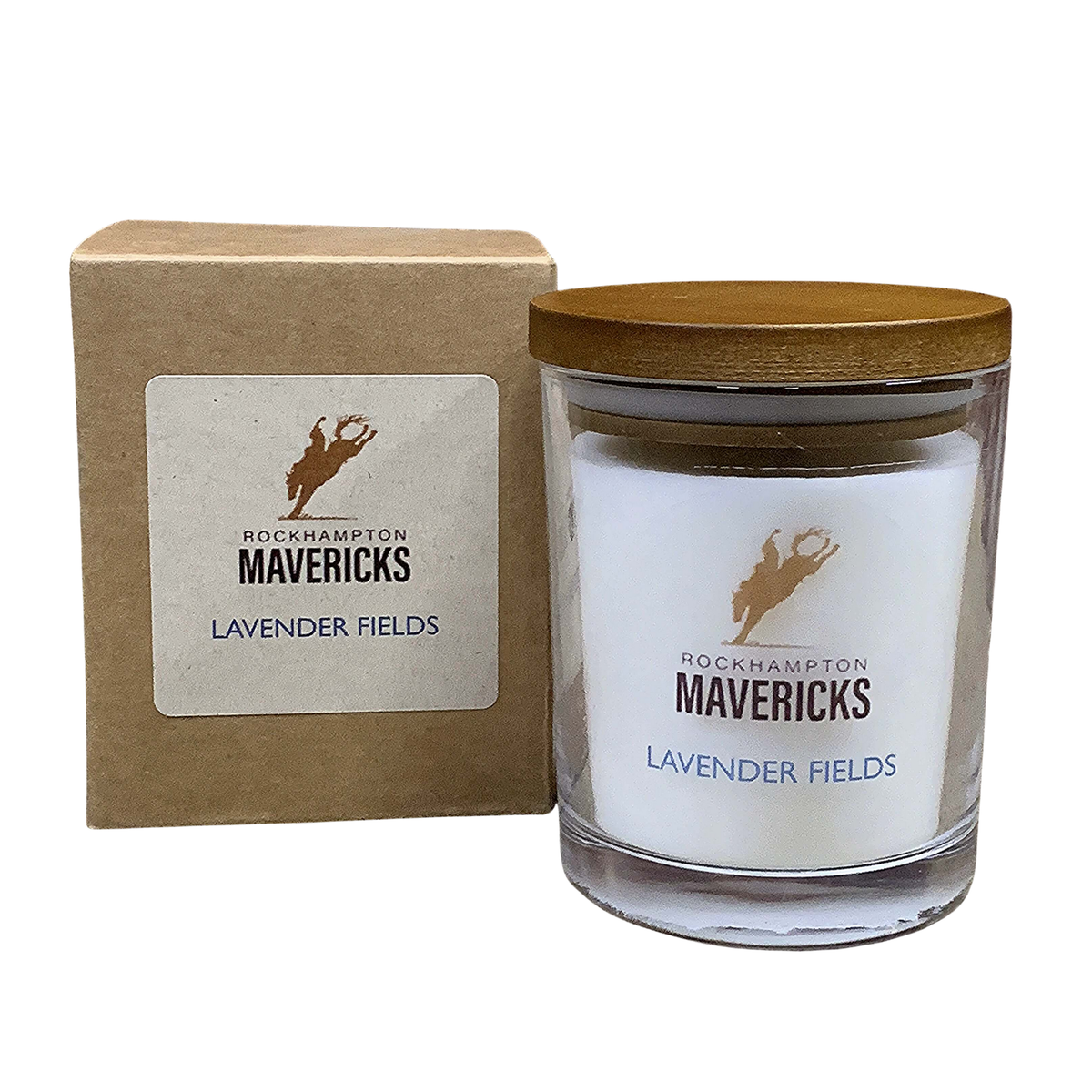Made at The Ranch Lavender Fields Candle. Candle with wooden lid and packaging box featuring 'Rockhampton Mavericks Lavender Fields' branding on a white background.
