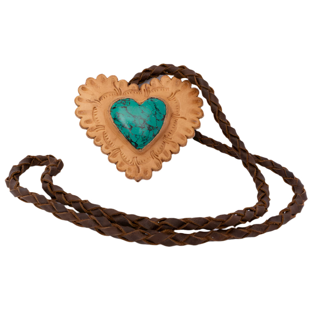 American Darling leather braided necklacee with heart-shaped turquoise stone on a white background