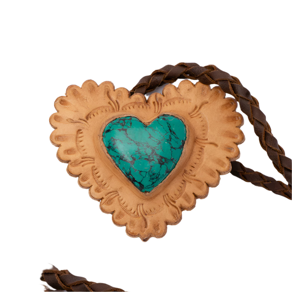 American Darling leather braided necklacee with heart-shaped turquoise stone on a white background
