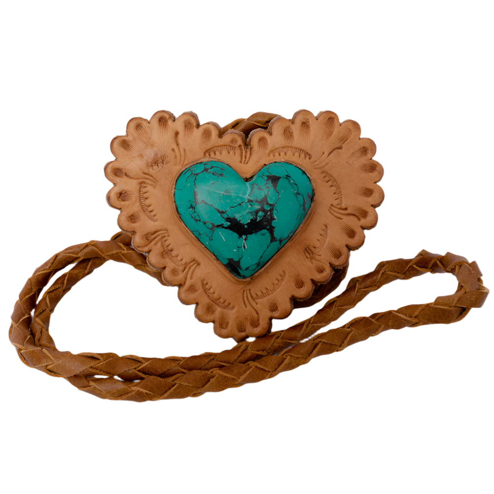 American Darling leather braided necklacee with heart-shaped turquoise stone on a white background