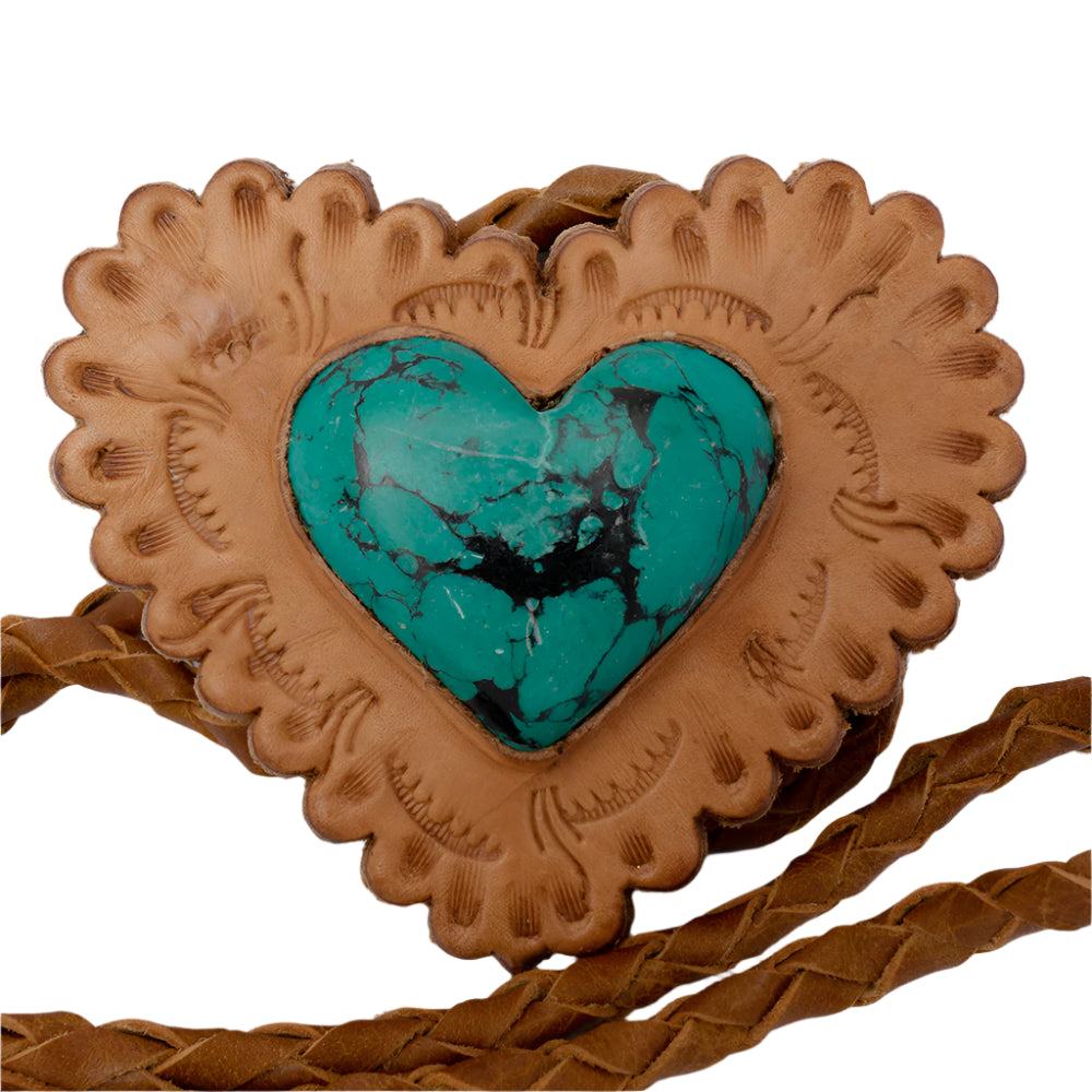 American Darling leather braided necklacee with heart-shaped turquoise stone on a white background
