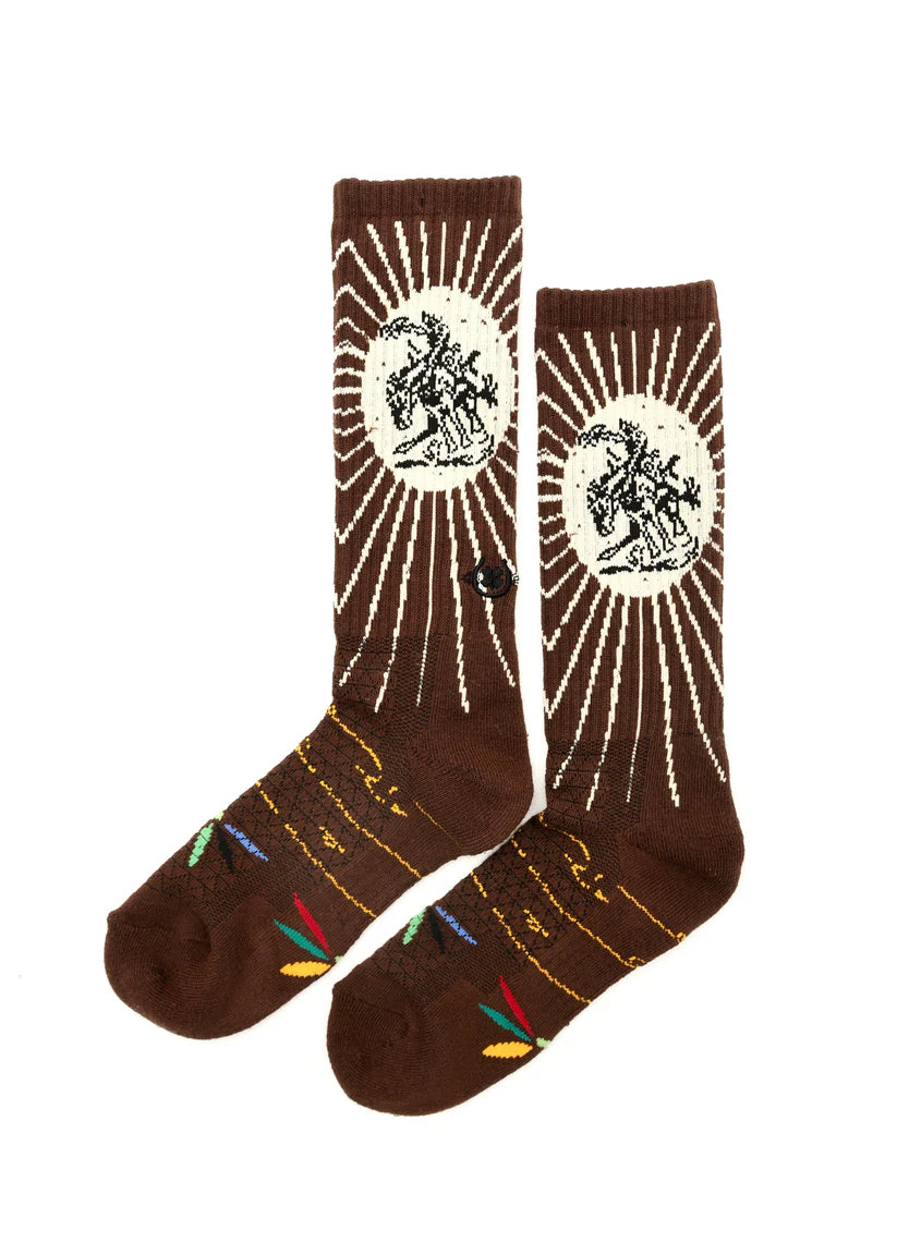 Lucky Chuck Fringe Bucking Western Cowgirl Performance Socks. Pair of brown socks with a graphic design on a white background