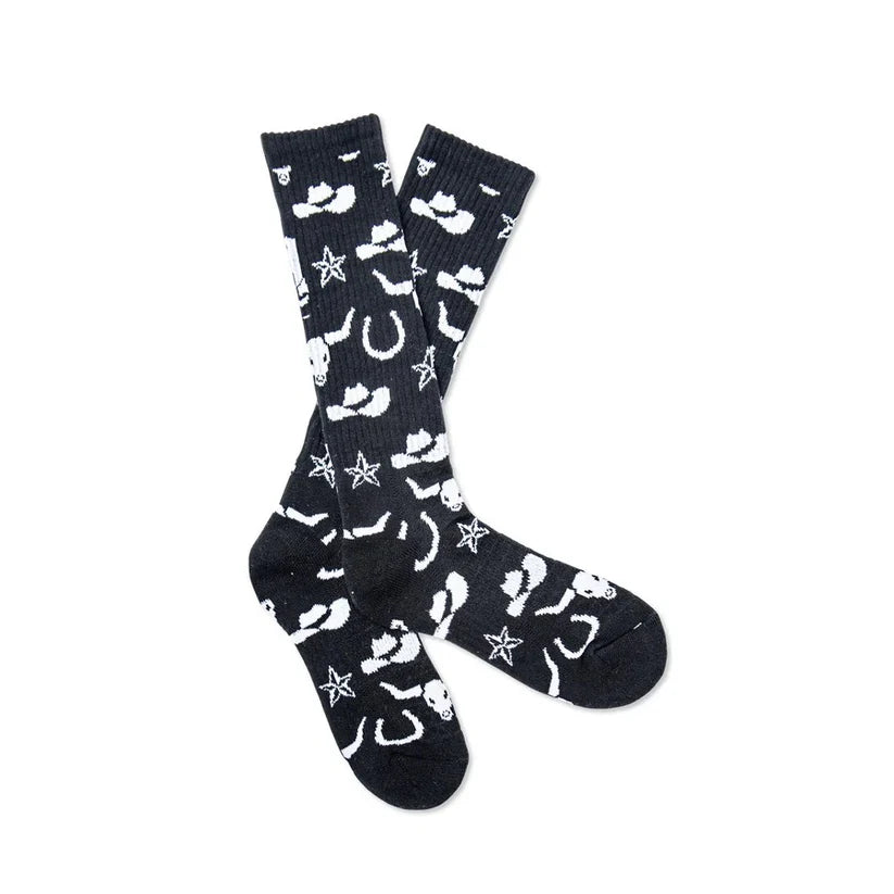 Lucky Chuck Get Western Performance Socks. Black socks with white pattern on a white background