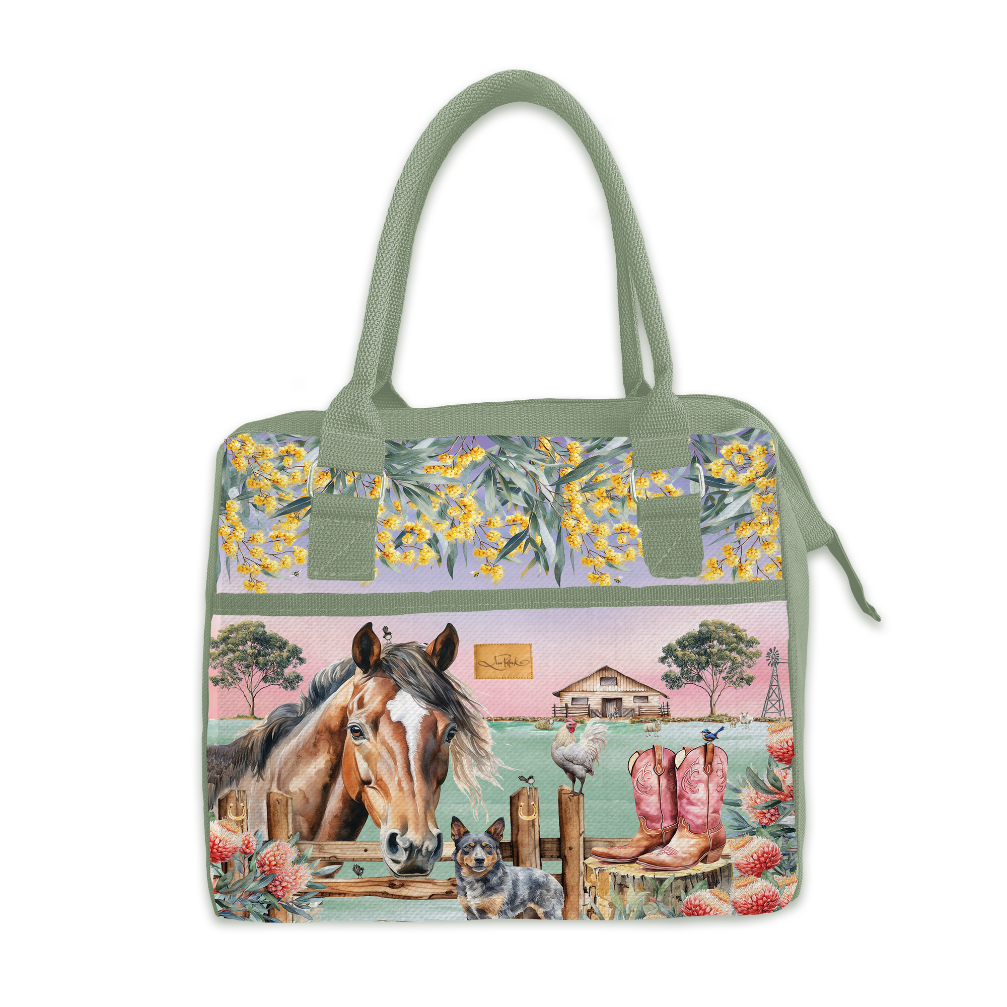 Lisa Pollock Country Dusk Lunch Cooler. Lunch Bag with a horse and nature-themed design on a white background