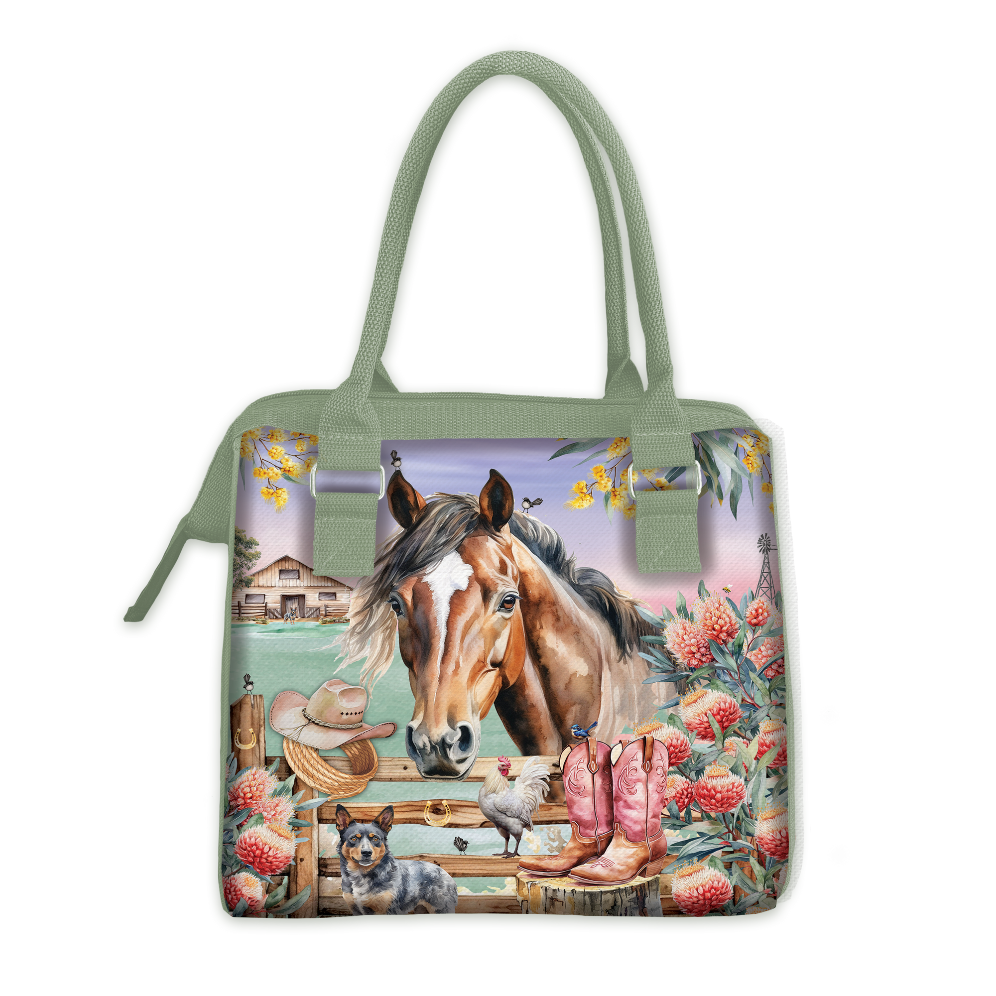 Lisa Pollock Country Dusk Lunch Cooler. Lunch Bag with a horse and rural scene design on a white background
