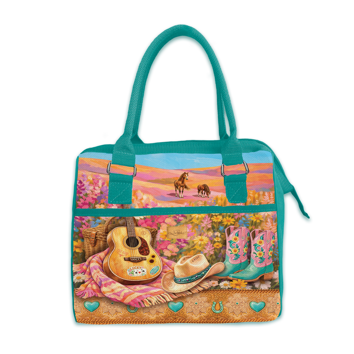 A turquoise tote bag featuring a colorful western-themed printed design with a guitar, cowboy boots, a hat, flowers, and a horse landscape on the front panel.