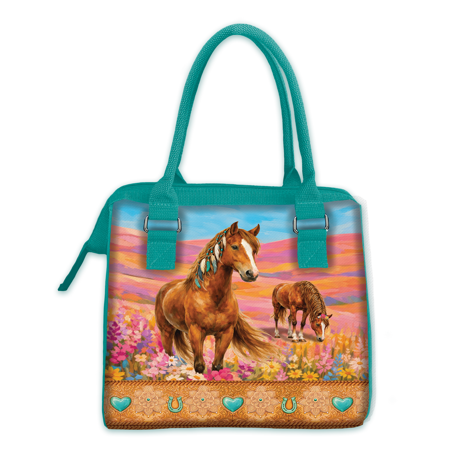 A turquoise tote bag featuring a colorful western-themed printed design with a guitar, cowboy boots, a hat, flowers, and a horse landscape on the front panel.