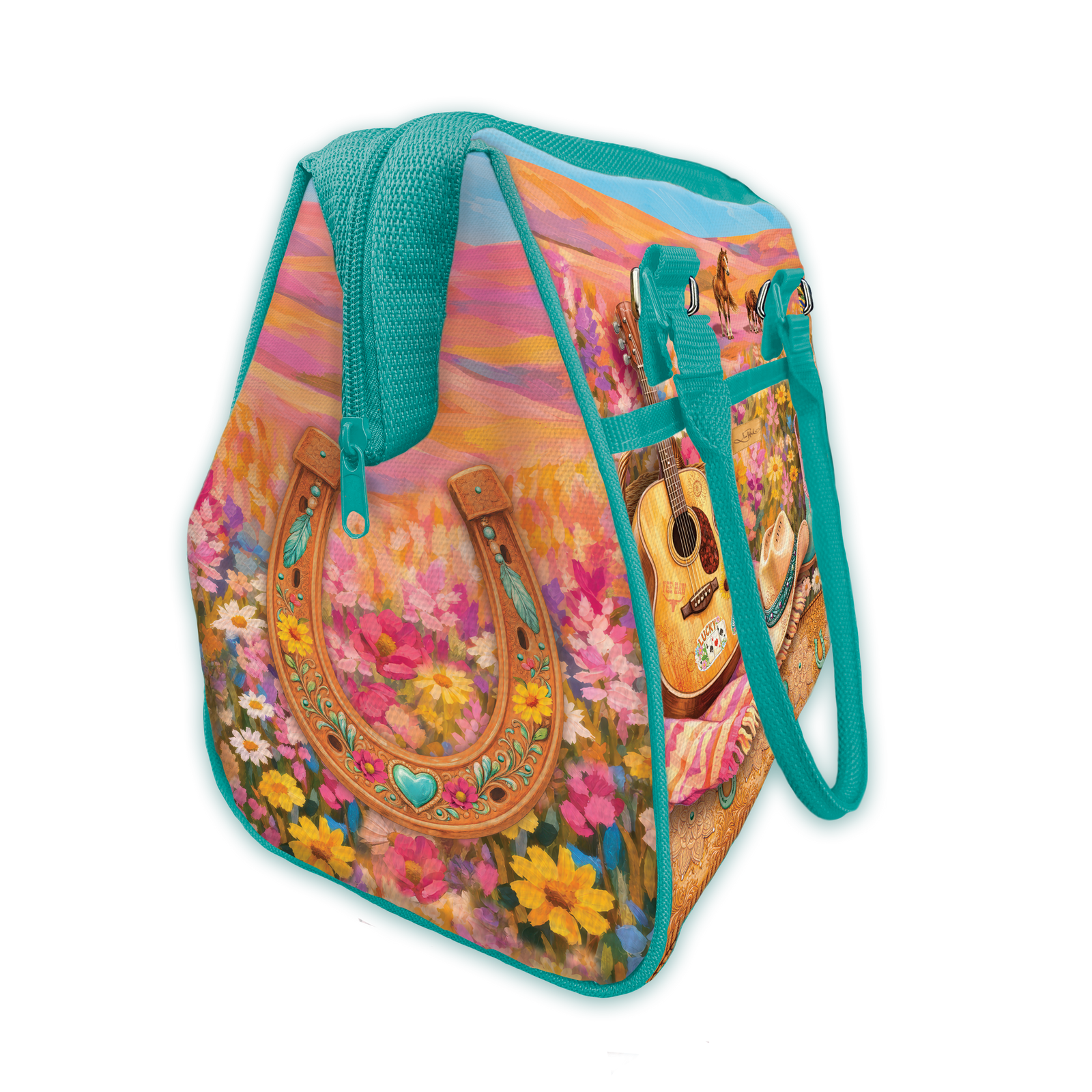 A turquoise and multicolor insulated lunch bag featuring a western-themed print with a horseshoe, guitar, flowers, and sunset landscape on a white background.