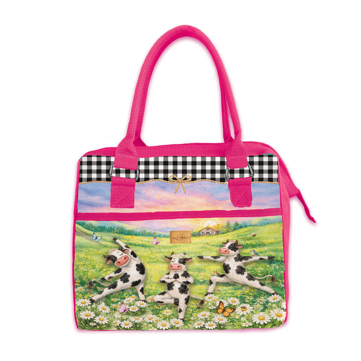 A bright pink tote bag featuring a whimsical illustration of three cows dancing in a flower field, with a black-and-white gingham band and a small bow at the top.