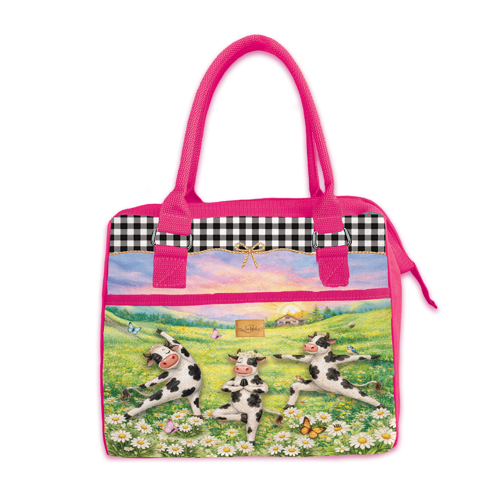 A pink tote bag featuring a colorful cartoon illustration of a cow meditating in a flower field, with a black-and-white gingham ribbon detail across the top.