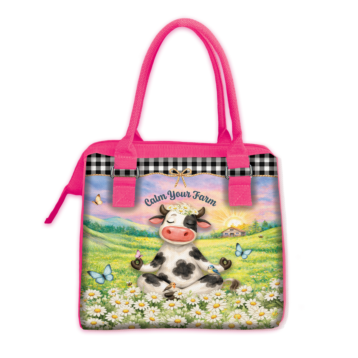 A pink tote bag featuring a colorful cartoon illustration of a cow meditating in a flower field, with a black-and-white gingham ribbon detail across the top.
