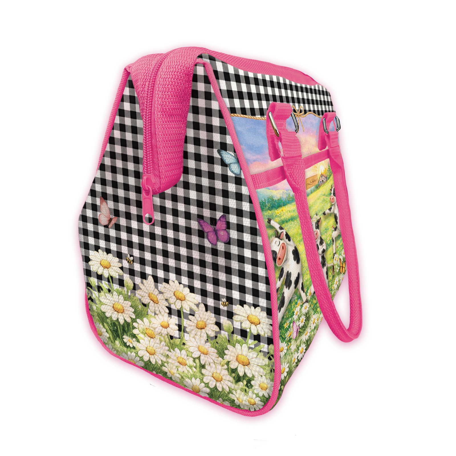 A square-shaped insulated tote bag with a black and white gingham pattern on the upper section, a colorful farm scene with a cow, butterflies, and daisies on the lower front, and bright pink trim and handles.
