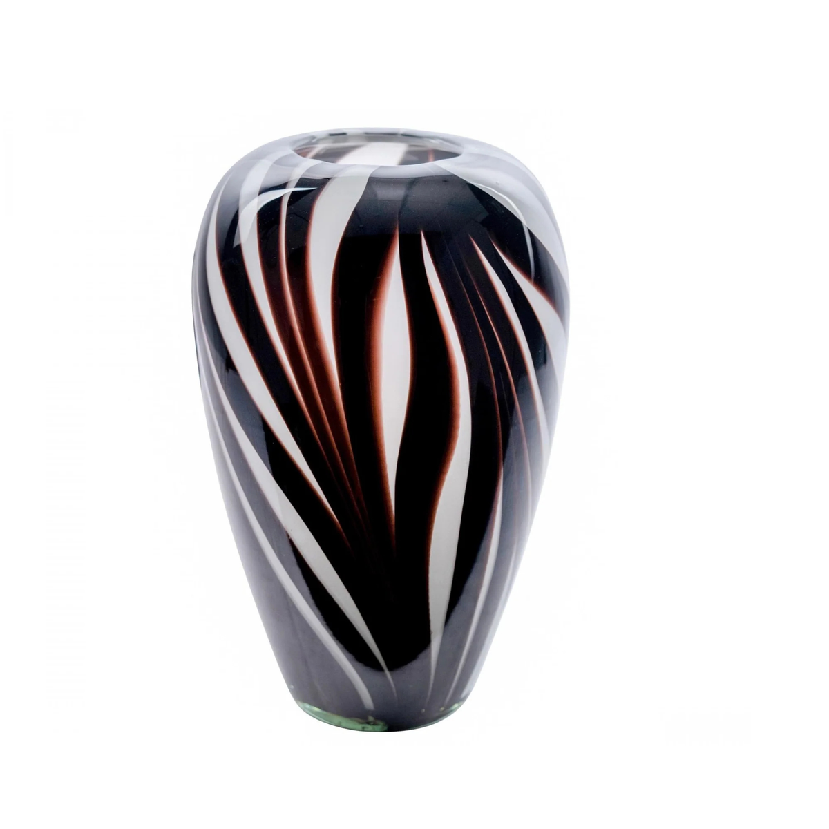 Zulu Stripe Vase. Glass vase with black, white, and brown striped pattern on a white background