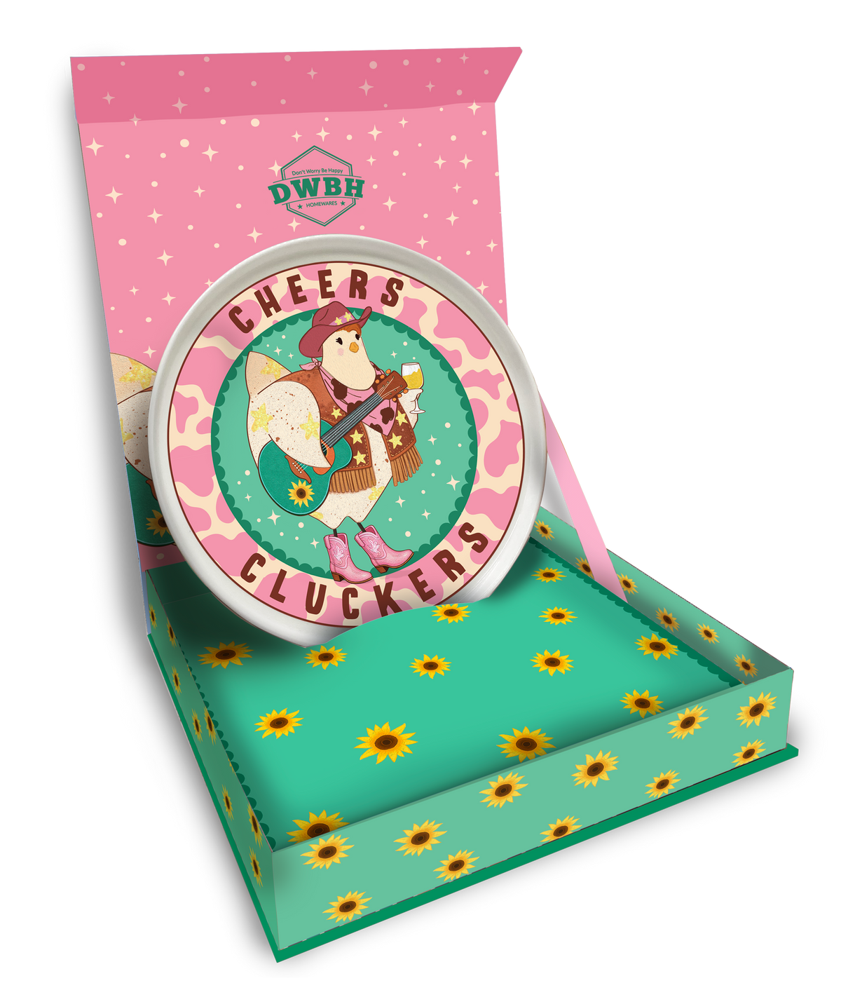 A round decorative tin labeled 'Cheers Cluckers' with a whimsical duck character illustration, displayed inside an open pink and teal gift box with sunflower-patterned interior.