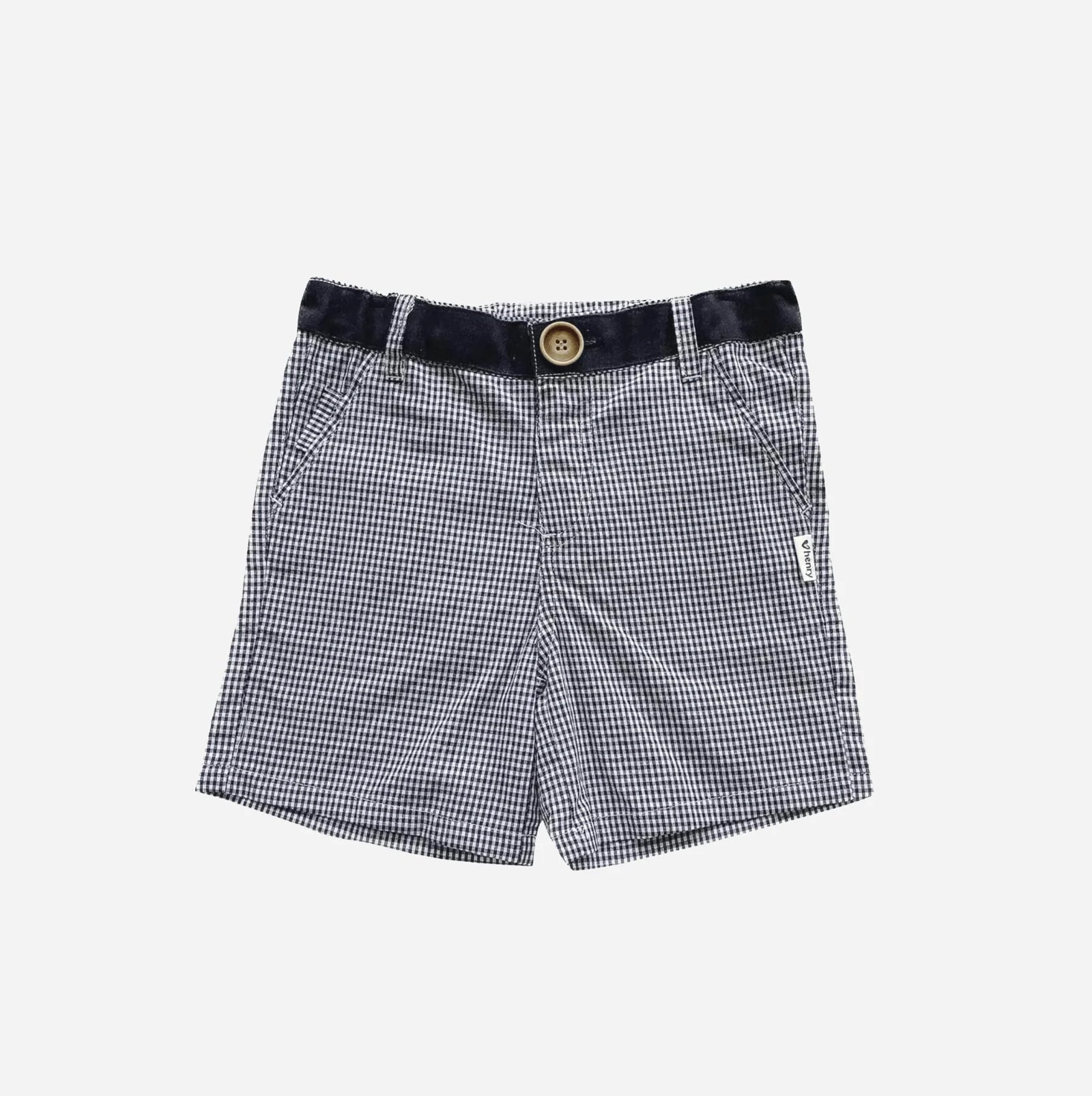 Love Henry Boy's Oscar Shorts. Navy gingham checkered shorts with a functional button fastening at the front and a decorative button on the right back pocket, featuring an elasticated waistband.